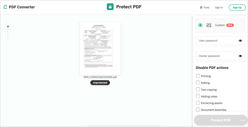 PDF permission settings for printing and editing