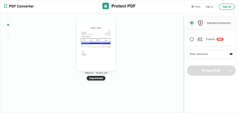 Protect PDF tool asking for a password